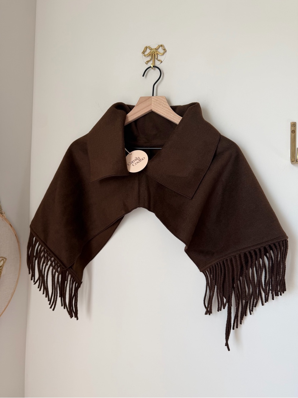 Camila Coelho Dark Brown Fringe Shawl Collar Cape